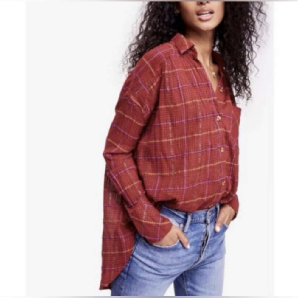 Free People Break My Stride Buttondown Top Shirt Red XSmall - Picture 5 of 10